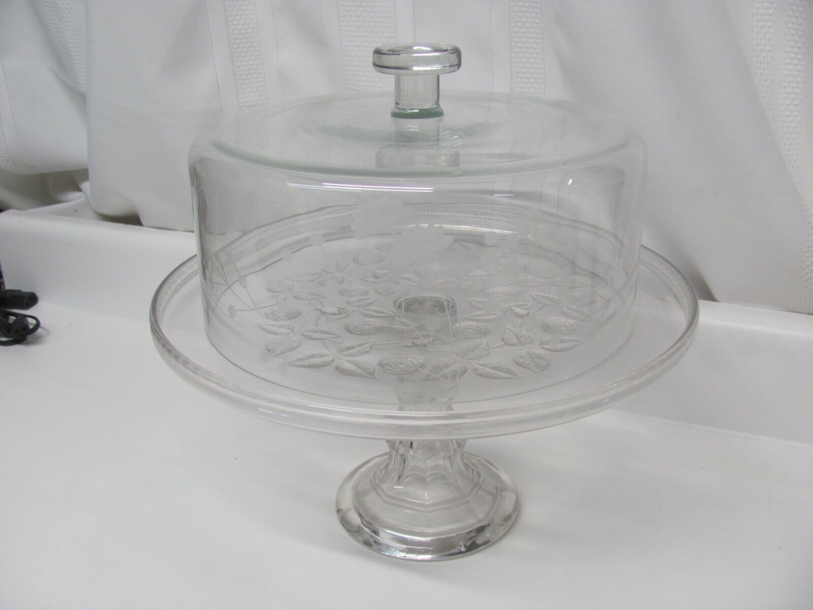 Vtg 12.5” Etched Floral Pedestal Cake Plate & Etched Floral Glass Dome Cover Euc