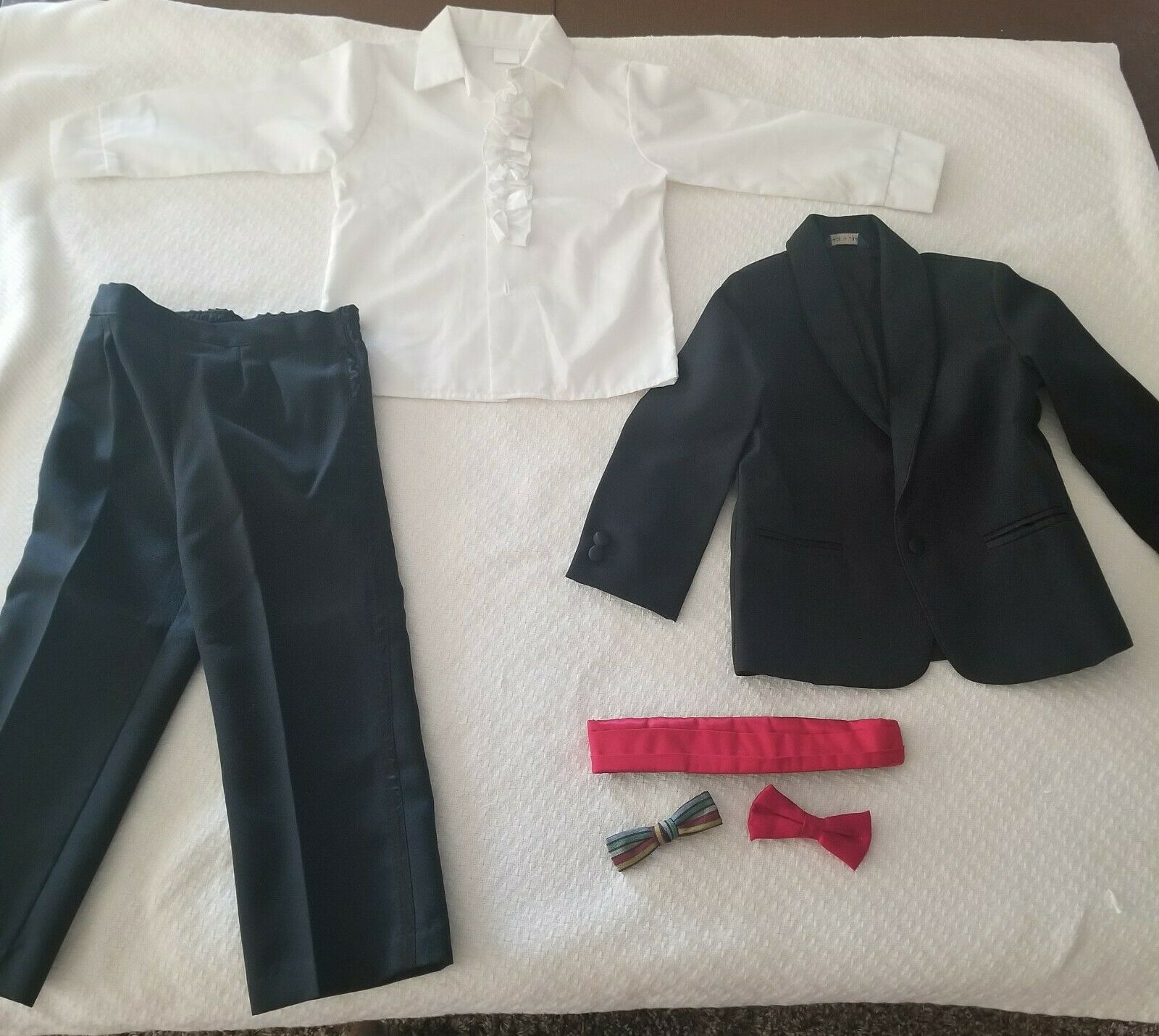 50's Boy's Tuxedo Black Pants & Coat White Ruffled Shirt Red Bow Tie& Cummerbund