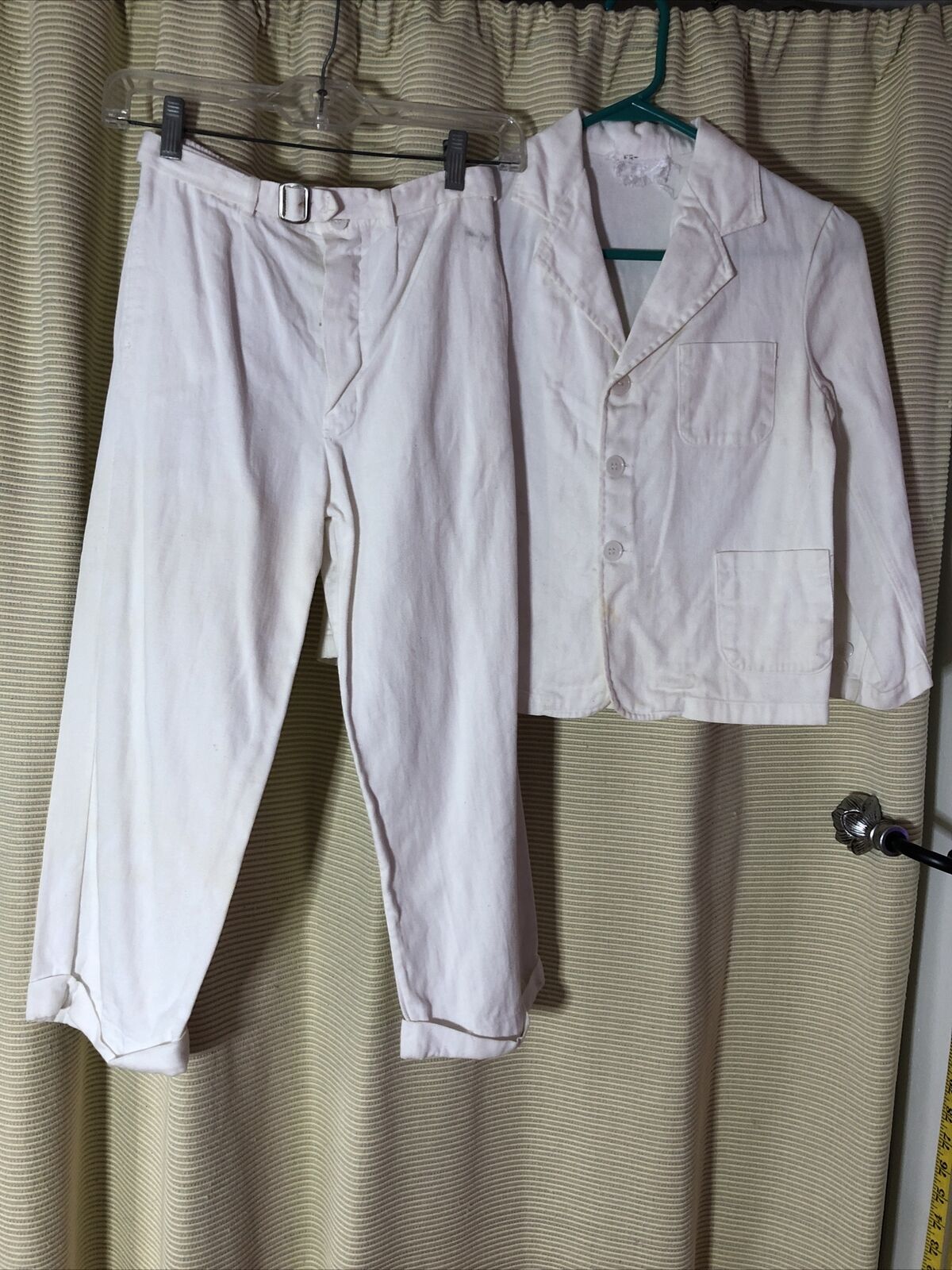 Vintage Boys White French Cotton 2 Piece Suit Set Sailing Nautical Buckle Pants