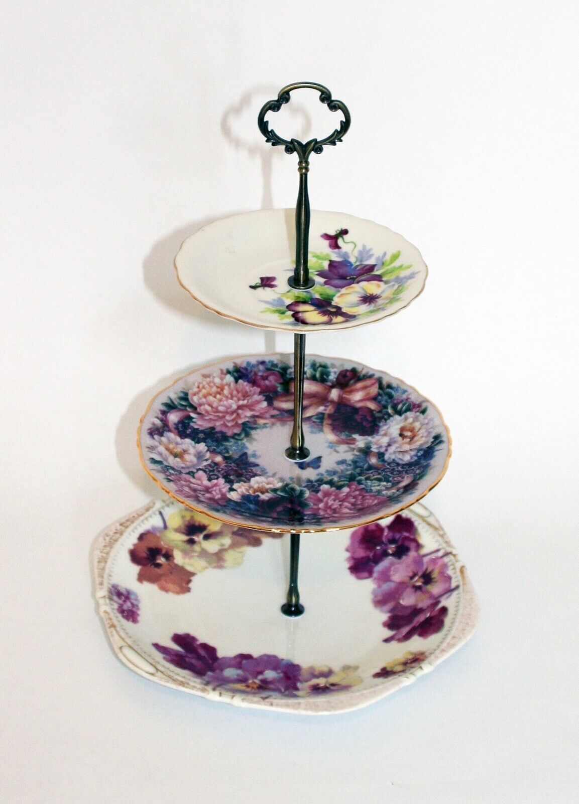 Wedding 3-tier Cake Stand, Gorgeous Purple Floral Victorian Porcelain Plates(#4)