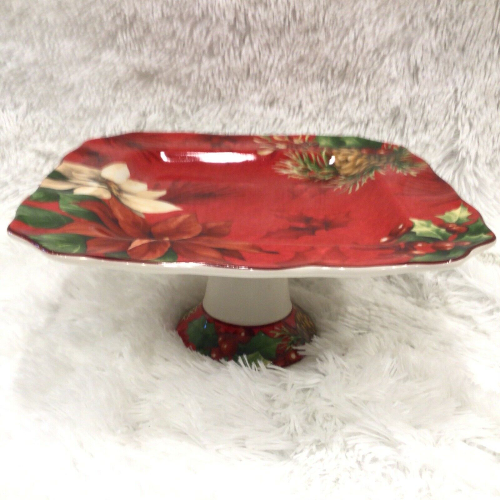 222 Fifth Poinsettia Holly 10"  Square Pedestal Cake Stand Plate Christmas