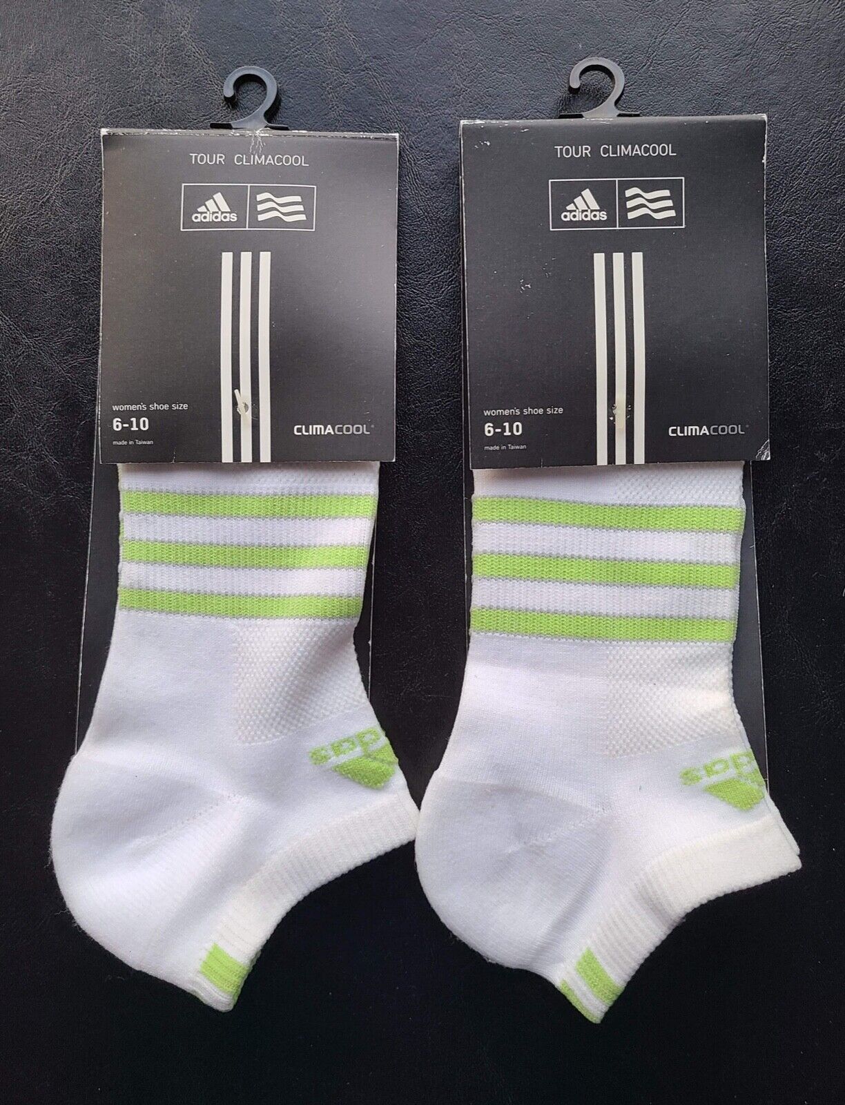 2 Pair New Women's Adidas Tour Climacool Socks, Size: 6-10, Color:white/green-a6