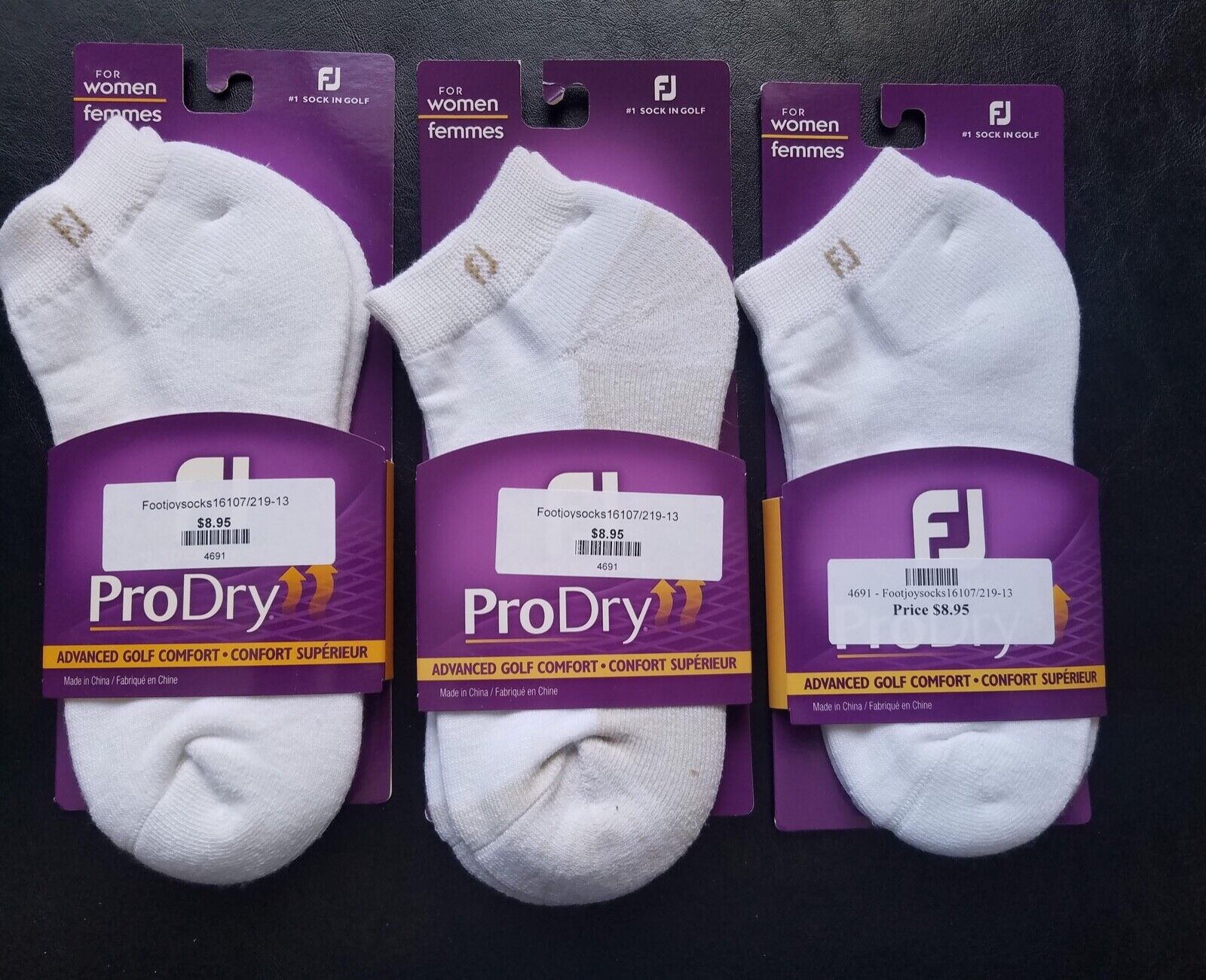 3 Pair New Women's Footjoy Prodry Sportlet Socks, Size:6-9, Color:white/beige-a8
