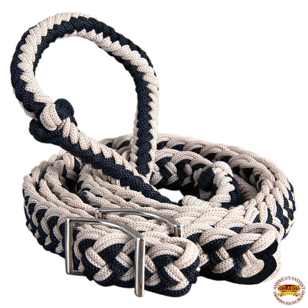 Flat Braided Poly Horse Barrel Racing Contest Reins  8ft Tan Black
