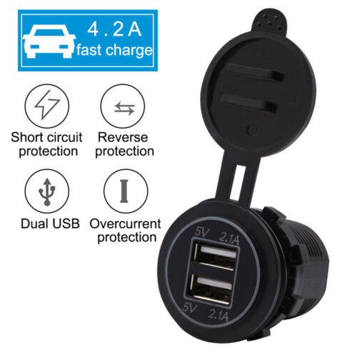 Dual Usb Motorcycle Car Charger Socket Adapter With Green Indicator Light 12-24v