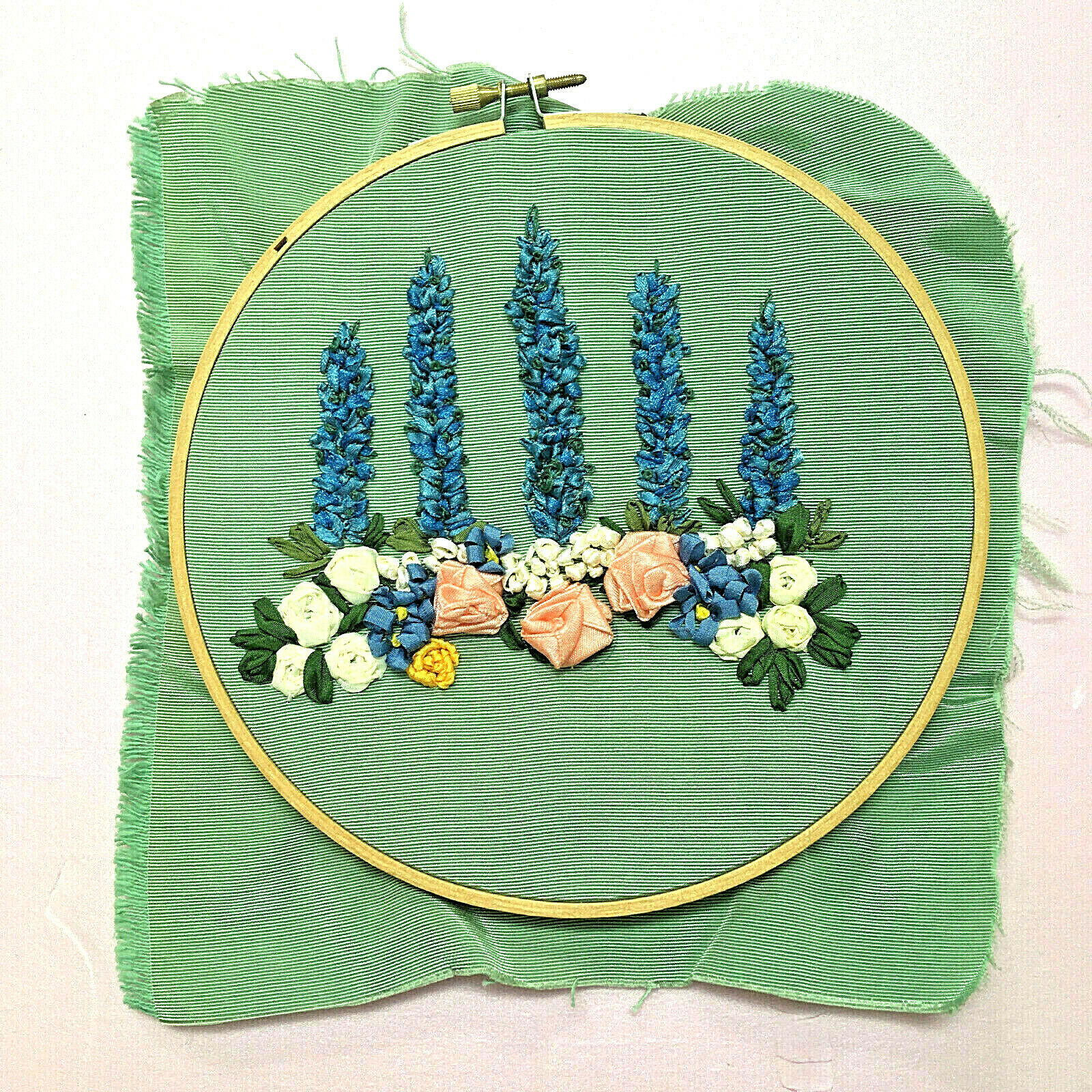 Finished Ribbon Embroidery Flowers In Hoop, 7" Green Faille, Old-fashioned Charm