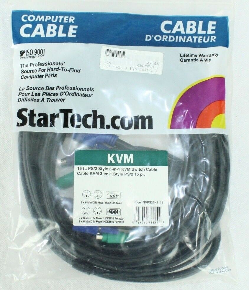 Startech 15ft Ps/2 Style 3 In 1 Kvm Switch Cable Svps23n1_15