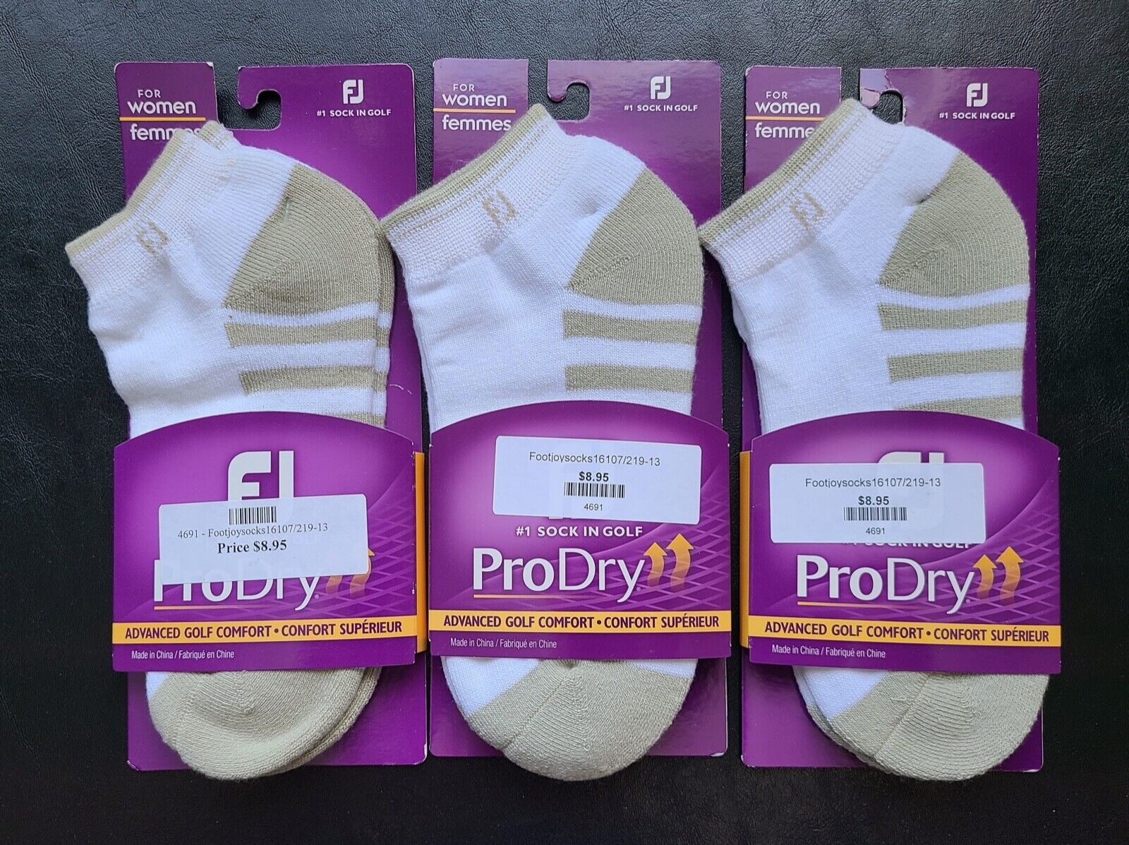 3 Pair New Women's Footjoy Sportlet Socks, Size: 6-9, Color: White/driftwood(a6)