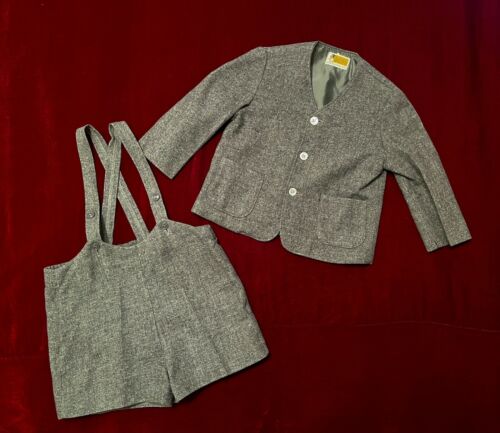 Vtg 1940s 50s Mr Master Philip Schneider Toddler Wool Suit Jacket Shortalls Gray