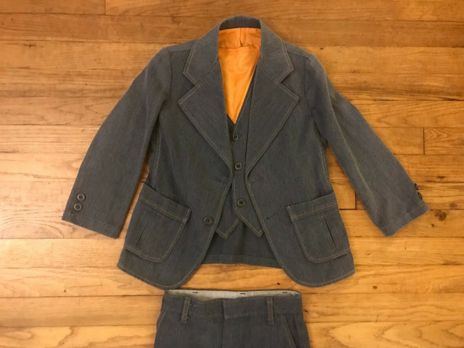 Vintage 1970's 80's Jcpenney Boys Size 5/6 Denim 3 Piece Suit Coat Vest Pants
