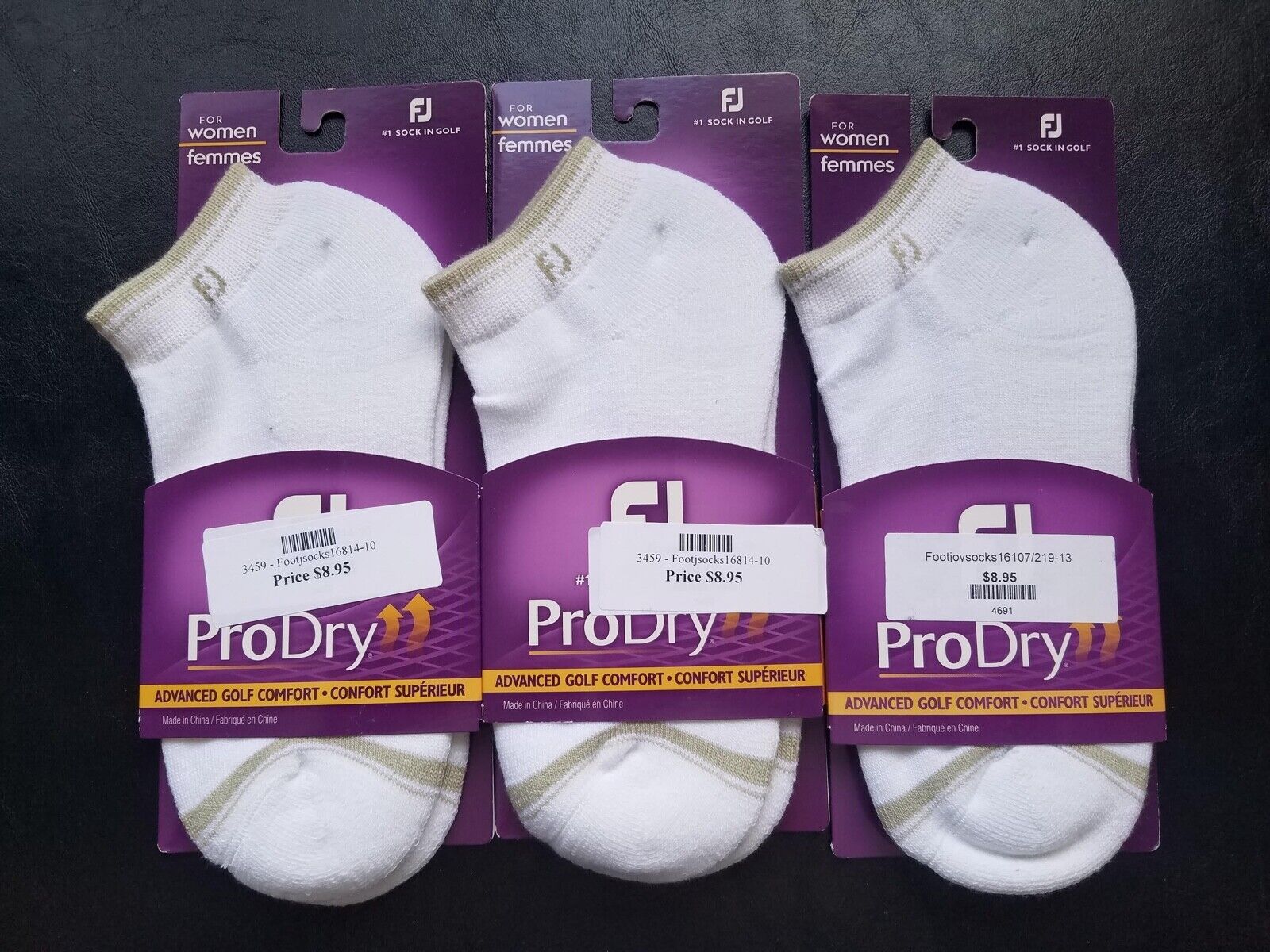 3 Pair New Women's Footjoy Prodry Sportlet Socks, Size:6-9, Color:white/beige-a7